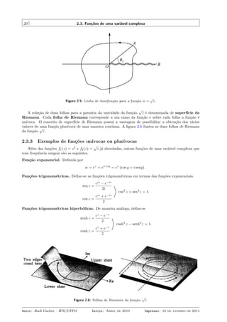 20 2.3. Funções de uma variável complexa
Figura 2.5: Linha de ramiﬁcação para a função w =
√
z.
A coleção de duas folhas para a garantia da unicidade da função
√
z é denominada de superfície de
Riemann. Cada folha de Riemann corresponde a um ramo da função e sobre cada folha a função é
unívoca. O conceito de superfície de Riemann possui a vantagem de possibilitar a obtenção dos vários
valores de uma função plurívoca de uma maneira contínua. A ﬁgura 2.6 ilustra as duas folhas de Riemann
da função
√
z.
2.3.3 Exemplos de funções unívocas ou plurívocas
Além das funções f1(z) = z2
e f2(z) =
√
z já abordadas, outras funções de uma variável complexa que
com frequência surgem são as seguintes.
Função exponencial. Deﬁnida por
w = ez
= ex+iy
= ex
(cos y + i seny) .
Funções trigonométricas. Deﬁne-se as funções trigonométricas em termos das funções exponenciais.
sen z =
eiz
− e−iz
2i
cos z =
eiz
+ e−iz
2
⟩
cos2
z + sen2
z = 1.
Funções trigonométricas hiperbólicas. De maneira análoga, deﬁne-se
senh z =
ez
− e−z
2
cosh z =
ez
+ e−z
2
⟩
cosh2
z − senh2
z = 1.
Figura 2.6: Folhas de Riemann da função
√
z.
Autor: Rudi Gaelzer – IFM/UFPel Início: Abril de 2010 Impresso: 16 de janeiro de 2014
 