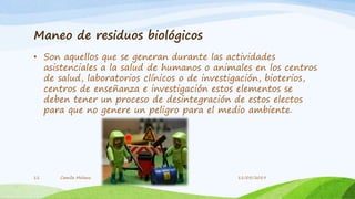 Maneo de residuos biológicos
• Son aquellos que se generan durante las actividades
asistenciales a la salud de humanos o animales en los centros
de salud, laboratorios clínicos o de investigación, bioterios,
centros de enseñanza e investigación estos elementos se
deben tener un proceso de desintegración de estos electos
para que no genere un peligro para el medio ambiente.
Camila Molano11 11/05/2019
 