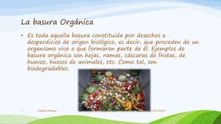 La basura Orgánica
• Es toda aquella basura constituida por desechos o
desperdicios de origen biológico, es decir, que proceden de un
organismo vivo o que formaron parte de él. Ejemplos de
basura orgánica son hojas, ramas, cáscaras de frutas, de
huevos, huesos de animales, etc. Como tal, son
biodegradables.
Camila Molano7 11/05/2019
 