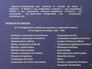Algunos constituyentes  que  confieren  el  carácter  de  tóxico  y peligroso:  el Berilio y sus compuestos, Arsénico y  sus compuestos, Selenio  y  sus  compuestos,  Cianuros inorgánicos,  el Plomo y  sus compuestos ,  los disolventes  halogenados ,  los  compuestos  aromáticos, etc. RESIDUOS PELIGROSOS Art. 19 Reglamento condiciones sanitarias y ambientales básicas  en los lugares de trabajo, Chile - 1993 Antimonio, compuestos de Antimonio -  Compuestos de Zinc Arsénico, compuestos de Arsénico -  Compuestos inorgánicos de Flúor Asbesto (polvo y fibras)   excepto el Fluoruro Cálcico Berilio, compuestos de Berilio -  Compuestos orgánicos de Fósforo Bifenilos, polibromados -  Dibenzoparadioxinas Bifenilos, policromados   policromadas Cadmio, compuestos de Cadmio -  Dibenzofuranos policromados Cianuros inorgánicos -  Desechos clínicos Compuestos de Cobre -  Éteres Compuestos de Cromo hexavalente -  Fenoles, compuestos fenólicos   incluyendo Clorofenoles 