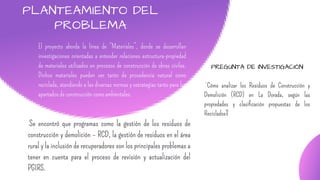 PLANTEAMIENTO DEL
PROBLEMA
El proyecto aborda la línea de “Materiales”, donde se desarrollan
investigaciones orientadas a entender relaciones estructura-propiedad
de materiales utilizados en procesos de construcción de obras civiles.
Dichos materiales pueden ser tanto de procedencia natural como
reciclada, atendiendo a las diversas normas y estrategias tanto para los
apartados de construcción como ambientales.
€ 15.800
Se encontró que programas como la gestión de los residuos de
construcción y demolición – RCD, la gestión de residuos en el área
rural y la inclusión de recuperadores son los principales problemas a
tener en cuenta para el proceso de revisión y actualización del
PGIRS.
PREGUNTA DE INVESTIGACIÓN
¿Cómo analizar los Residuos de Construcción y
Demolición (RCD) en La Dorada, según las
propiedades y clasificación propuestas de los
Reciclados?
 
