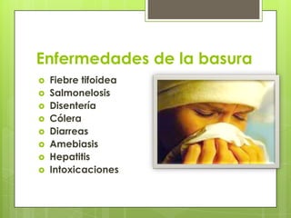 Enfermedades de la basura
   Fiebre tifoidea
   Salmonelosis
   Disentería
   Cólera
   Diarreas
   Amebiasis
   Hepatitis
   Intoxicaciones
 