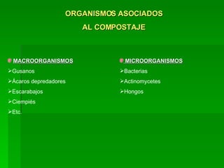 ORGANISMOS ASOCIADOS AL COMPOSTAJE MACROORGANISMOS Gusanos Ácaros depredadores Escarabajos Ciempiés Etc. MICROORGANISMOS Bacterias Actinomycetes Hongos 