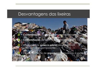 Desvantagens das lixeiras
  • Contaminação dos terrenos impermeabilizados
  • Contaminação de rios e águas subterrâneas
  • Libertação de gases e odores desagradáveis
resultantes da decomposição
  • Desenvolvimento de organismos prejudiciais à saúde
pública.
 
