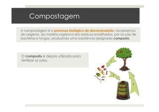 Compostagem
A compostagem é o processo biológico de decomposição, na presença
de oxigénio, da matéria orgânica dos resíduos empilhados, por acção de
bactérias e fungos, produzindo uma substância designada composto.
O composto é depois utilizado para
fertilizar os solos.
 