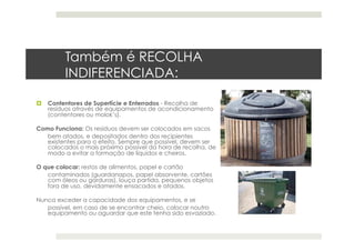 Também é RECOLHA
INDIFERENCIADA:
  Contentores de Superfície e Enterrados - Recolha de
resíduos através de equipamentos de acondicionamento
(contentores ou molok’s).
Como Funciona: Os resíduos devem ser colocados em sacos
bem atados, e depositados dentro dos recipientes
existentes para o efeito. Sempre que possível, devem ser
colocados o mais próximo possível da hora de recolha, de
modo a evitar a formação de líquidos e cheiros.
O que colocar: restos de alimentos, papel e cartão
contaminados (guardanapos, papel absorvente, cartões
com óleos ou gorduras), louça partida, pequenos objetos
fora de uso, devidamente ensacados e atados. 
Nunca exceder a capacidade dos equipamentos, e se
possível, em caso de se encontrar cheio, colocar noutro
equipamento ou aguardar que este tenha sido esvaziado. 
 