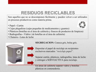 Son aquellos que no se descomponen fácilmente y pueden volver a ser utilizados
en procesos productivos como materia prima.
• Papel - Cartón
• Cajas plegadizas (cajas pequeñas de medicamentos y guantes)
• Plásticos (botellas en el área de cafetería y frascos de productos de limpieza)
• Radiografías - Vidrio ( de botellas en el área de cafetería)
• Chatarra - Latas de leche
SEGREGACION: Caneca gris, bolsa gris.
Depositar el papel de reciclaje en recipientes
exclusivos marcados “reciclaje papel”.
Separar cartón, plásticos, radiografías, latas de leche
y entregar a SERVIACTIVA para reciclaje.
En áreas de cafetería separar vidrio y botellas
plásticas en contenedores.
RESIDUOS RECICLABLES
 