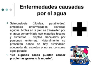 Enfermedades causadas
por el agua
 Salmonelosis (tifoidea, paratifoidea)
amebiasis enfermedades diareicas
agudas, brotes en la piel. se transmiten por
el agua contaminada con materias fecales
y alimentos u objetos manejados por
personas enfermas. Naturalmente se
presentan donde no hay eliminación
adecuada de excretas y no se consume
agua potable.
 “En algunos casos pueden causar
problemas graves o la muerte”.
 