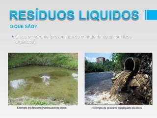  Óleos e chorume (proveniente do contato da agua com lixos
orgânicos).
O QUE SÃO?
Exemplo de descarte inadequado de óleos. Exemplo de descarte inadequado de óleos.
 