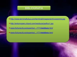 BIBLIOGRAFIA

http://www.terminaltulua.com/terminal/images/archivos/pmirs.jpg
http://entornoperu.tripod.com/residuos/grafico1.jpg

www.fortunecity.es/expertos/.../171/residuos.html
www.fortunecity.es/expertos/.../171/residuos.html

 