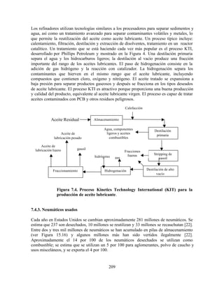 209
Los refinadores utilizan tecnologías similares a los procesadores para separar sedimentos y
agua, así como un tratamiento avanzado para separar contaminantes volátiles y metales, lo
que permite la reutilización del aceite como aceite lubricante. Un proceso típico incluye:
calentamiento, filtración, destilación y extracción de disolventes, tratamiento en un reactor
catalítico. Un tratamiento que se está haciendo cada vez más popular es el proceso KTI,
desarrollado por Phillips Petroleum y mostrado en la Figura 4. Una destilación primaria
separa el agua y los hidrocarburos ligeros; la destilación al vacío produce una fracción
importante del rango de los aceites lubricantes. El paso de hidrogenación consiste en la
adición de gas hidrógeno y la reacción con catalizador. La hidrogenación separa los
contaminantes que hierven en el mismo rango que el aceite lubricante, incluyendo
compuestos que contienen cloro, oxígeno y nitrógeno. El aceite tratado se expansiona a
baja presión para separar productos gaseosos y después se fracciona en los tipos deseados
de aceite lubricante. El proceso KTI es atractivo porque proporciona una buena producción
y calidad del producto, equivalente al aceite lubricante virgen. El proceso es capaz de tratar
aceites contaminados con PCB y otros residuos peligrosos.
Figura 7.4. Proceso Kinetics Technology International (KIT) para la
producción de aceite lubricante.
7.4.3. Neumáticos usados
Cada año en Estados Unidos se cambian aproximadamente 281 millones de neumáticos. Se
estima que 237 son desechados, 10 millones se reutilizan y 33 millones se recauchutan [22].
Entre dos y tres mil millones de neumáticos se han acumulado en pilas de almacenamiento
(ver Figura 15.16) y algunos millones más han sido vertidos ilegalmente [22].
Aproximadamente el 14 por 100 de los neumáticos desechados se utilizan como
combustible; se estima que se utilizan un 5 por 100 para aglomerantes, polvo de caucho y
usos misceláneos, y se exporta el 4 por 100.
Aceite Residual Almacenamiento
Destilación
primaria
Stripping de
gasoil
Destilación de alto
vacío
Aceite de
lubricación ligero
Fraccionamiento Hidrogenación
Calefacción
Agua, componentes
ligeros y aceites
combustibles
Fracciones
ligerashidrógeno gas
Aceite de
lubricación pesado
gasoil
 