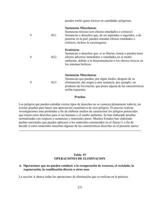 231
pueden emitir gases tóxicos en cantidades peligrosas.
9 H11
Sustancias Miscelaneas
Sustancias tóxicas (con efectos retardados o crónicos)
Sustancias o desechos que, de ser aspirados o ingeridos, o de
penetrar en la piel, pueden entrañar efectos retardados o
crónicos, incluso la carcinogenia.
9 H12
Ecotóxicos
Sustancias o desechos que, si se liberan, tienen o pueden tener
efectos adversos inmediatos o retardados en el medio
ambiente, debido a la bioacumulación o los efectos tóxicos en
los sistemas bióticos.
9 H13
Sustancias Miscelaneas
Sustancias que pueden, por algún medio, después de su
eliminación, dar origen a otra sustancia, por ejemplo, un
producto de lixiviación, que posee alguna de las características
arriba expuestas.
Pruebas
Los peligros que pueden entrañar ciertos tipos de desechos no se conocen plenamente todavía; no
existen pruebas para hacer una apreciación cuantitativa de esos peligros. Es preciso realizar
investigaciones más profundas a fin de elaborar medios de caracterizar los peligros potenciales
que tienen estos desechos para el ser humano o el medio ambiente. Se han elaborado pruebas
normalizadas con respecto a sustancias y materiales puros. Muchos Estados han elaborado
puebas nacionales que pueden aplicarse a los materiales enumerados en el Anexo I, a fin de
decidir si estos materiales muestran algunas de las características descritas en el presente anexo.
Tabla IV
OPERACIONES DE ELIMINACION
A. Operaciones que no pueden conducir a la recuperación de recursos, el reciclado, la
regeneración, la reutilización directa u otros usos
La sección A abarca todas las operaciones de eliminación que se realizan en la práctica.
 