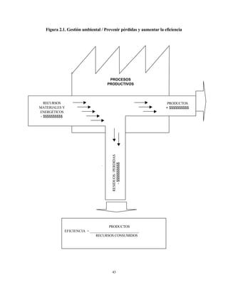 43
Figura 2.1. Gestión ambiental / Prevenir pérdidas y aumentar la eficiencia
RECURSOS
MATERIALES Y
ENERGÉTICOS
- $$$$$$$$$$
PRODUCTOS
+ $$$$$$$$$$
RESIDUOS/PERDIDAS
-$$$$$$$$$$
PROCESOS
PRODUCTIVOS
PRODUCTOS
EFICIENCIA = __________________________
RECURSOS CONSUMIDOS
 