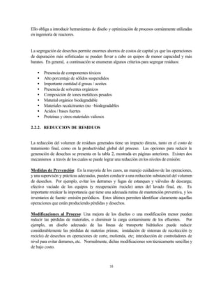 55
Ello obliga a introducir herramientas de diseño y optimización de procesos comúnmente utilizadas
en ingeniería de reactores.
La segregación de desechos permite enormes ahorros de costos de capital ya que las operaciones
de depuración más sofisticadas se pueden llevar a cabo en quipos de menor capacidad y más
baratos. En general, a continuación se enumeran algunos criterios para segregar residuos:
• Presencia de componentes tóxicos
• Alto porcentaje de sólidos suspendidos
• Importante cantidad d grasas / aceites
• Presencia de solventes orgánicos
• Composición de iones metálicos pesados
• Material orgánico biodegradable
• Materiales recalcitrantes (no –biodegradables
• Acidos / bases fuertes
• Proteínas y otros materiales valiosos
2.2.2. REDUCCION DE RESIDUOS
La reducción del volumen de residuos generados tiene un impacto directo, tanto en el costo de
tratamiento final, como en la productividad global del proceso. Las opciones para reducir la
generación de desechos se presenta en la tabla 2, mostrada en páginas anteriores. Existen dos
mecanismos a través de los cuales se puede lograr una reducción en los niveles de emisión:
Medidas de Prevención: En la mayoría de los casos, un manejo cuidadoso de las operaciones,
y una supervisón y prácticas adecuadas, pueden conducir a una reducción substancial del volumen
de desechos. Por ejemplo, evitar los derrames y fugas de estanques y válvulas de descarga;
efectivo vaciado de los equipos (y recuperación /reciclo) antes del lavado final, etc. Es
importante recalcar la importancia que tiene una adecuada rutina de mantención preventiva, y los
inventarios de fuente- emisión periódicos. Estos últimos permiten identificar claramente aquellas
operaciones que están produciendo pérdidas y desechos.
Modificaciones al Proceso: Una mejora de los diseños o una modificación menor pueden
reducir las pérdidas de materiales, o disminuir la carga contaminante de los efluentes. Por
ejemplo, un diseño adecuado de las líneas de transporte hidráulico puede reducir
considerablemente las pérdidas de materias primas; instalación de sistemas de recolección (y
reciclo) de desechos en operaciones de corte, molienda, etc; introducción de controladores de
nivel para evitar derrames, etc. Normalmente, dichas modificaciones son técnicamente sencillas y
de bajo costo.
 