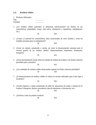 65
a.3) Residuos sólidos.
1. Productos fabricados.
Tipo ..................
Cantidad ..................
2. ¿Los residuos sólidos generados se almacenan selectivamente? (en función de sus
características, propiedades, riesgo, vida activa, eliminación o tratamiento, manipulación,
etc.).
SI NO
3. ¿Conoce el personal las características antes mencionadas de estos residuos y toma las
medidas necesarias para su manipulación?
SI NO
4. ¿Existe un sistema, actualizado y escrito, así como la documentación necesaria para la
correcta gestión de los residuos sólidos? (almacenamiento, tratamiento, eliminación,
transporte)
SI NO
5. ¿Existe documentación escrita sobre los métodos de análisis de residuos y los límites máximos
permitidos para evacuarlos?
SI NO
6. ¿Las cantidades de residuos sólidos almacenadas superan los límites máximos permitidos?
SI NO
7. ¿El almacenamiento de residuos sólidos se realiza en envases adecuados para evitar fugas y
accidentes?
SI NO
8. ¿Existen registros y copias actualizados de todas las operaciones de salida y entrada de los
residuos? (transporte, destino, procedencia, tipo de tratamiento o eliminación, etc.).
SI NO
9. ¿Gestiona y trata sus propios residuos?
SI NO
 