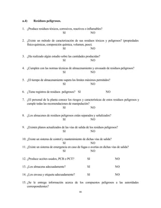 66
a.4) Residuos peligrosos.
1. ¿Produce residuos tóxicos, corrosivos, reactivos o inflamables?
SI NO
2. ¿Existe un método de caracterización de sus residuos tóxicos y peligrosos? (propiedades
físico-químicas, composición química, volumen, peso).
SI NO
3. ¿Ha realizado algún estudio sobre las cantidades producidas?
SI NO
4. ¿Cumplen con las normas técnicas de almacenamiento y envasado de residuos peligrosos?
SI NO
5. ¿El tiempo de almacenamiento supera los límites máximos permitidos?
SI NO
6. ¿Tiene registros de residuos peligrosos? SI NO
7. ¿El personal de la planta conoce los riesgos y características de estos residuos peligrosos y
cumple todas las recomendaciones de manipulación?
SI NO
8. ¿Los almacenes de residuos peligrosos están separados y señalizados?
SI NO
9. ¿Existen planos actualizados de las vías de salida de los residuos peligrosos?
SI NO
10. ¿Existe un sistema de control y mantenimiento de dichas vías de salida?
SI NO
11. ¿Existe un sistema de emergencia en caso de fugas o averías en dichas vías de salida?
SI NO
12. ¿Produce aceites usados, PCB o PCT? SI NO
13. ¿Los almacena adecuadamente? SI NO
14. ¿Los envasa y etiqueta adecuadamente? SI NO
15. ¿Se le entrega información acerca de los compuestos peligrosos a las autoridades
correspondientes?
 