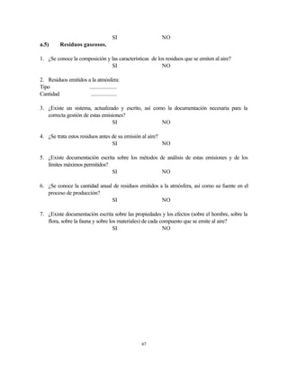 67
SI NO
a.5) Residuos gaseosos.
1. ¿Se conoce la composición y las características de los residuos que se emiten al aire?
SI NO
2. Residuos emitidos a la atmósfera:
Tipo ...................
Cantidad ..................
3. ¿Existe un sistema, actualizado y escrito, así como la documentación necesaria para la
correcta gestión de estas emisiones?
SI NO
4. ¿Se trata estos residuos antes de su emisión al aire?
SI NO
5. ¿Existe documentación escrita sobre los métodos de análisis de estas emisiones y de los
límites máximos permitidos?
SI NO
6. ¿Se conoce la cantidad anual de residuos emitidos a la atmósfera, así como su fuente en el
proceso de producción?
SI NO
7. ¿Existe documentación escrita sobre las propiedades y los efectos (sobre el hombre, sobre la
flora, sobre la fauna y sobre los materiales) de cada compuesto que se emite al aire?
SI NO
 