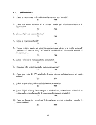 69
a.7) Gestión ambiental.
1. ¿Existe un encargado de medio ambiente en la empresa a nivel gerencial?
SI NO
2. ¿Existe una política ambiental de la empresa, conocida por todos los miembros de la
organización?
SI NO
3. ¿Existen objetivos y metas ambientales?
SI NO
4. ¿Existe un programa ambiental?
SI NO
5. ¿Existen registros escritos de todos los parámetros que afectan a la gestión ambiental?
(volúmenes de residuos, tipo y características, almacenamiento, tratamientos, sistemas de
emergencia, etc.).
SI NO
6. ¿Existe y se aplica un plan de auditorías ambientales?
SI NO
7. ¿Se guarda todos los informes de las auditorías precedentes?
SI NO
8. ¿Existe una copia del CV actualizado de cada miembro del departamento de medio
ambiente?
SI NO
9. ¿Existe un plan escrito y actualizado de reducción de residuos?
SI NO
10. ¿Existe un plan escrito y actualizado para la transformación, modificación o inertización de
residuos peligrosos y el desarrollo de productos ambientalmente aceptables?
SI NO
11. ¿Existe un plan escrito y actualizado de formación del personal en técnicas y métodos de
control ambiental?
SI NO
 