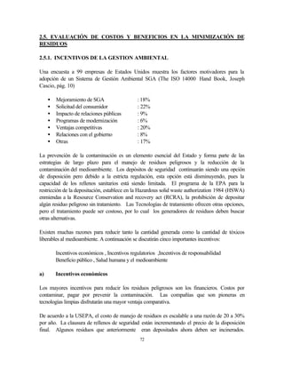 72
2.5. EVALUACIÓN DE COSTOS Y BENEFICIOS EN LA MINIMIZACIÓN DE
RESIDUOS
2.5.1. INCENTIVOS DE LA GESTION AMBIENTAL
Una encuesta a 99 empresas de Estados Unidos muestra los factores motivadores para la
adopción de un Sistema de Gestión Ambiental SGA (The ISO 14000 Hand Book, Joseph
Cascio, pág. 10)
• Mejoramiento de SGA : 18%
• Solicitud del consumidor : 22%
• Impacto de relaciones públicas : 9%
• Programas de modernización : 6%
• Ventajas competitivas : 20%
• Relaciones con el gobierno : 8%
• Otras : 17%
La prevención de la contaminación es un elemento esencial del Estado y forma parte de las
estrategias de largo plazo para el manejo de residuos peligrosos y la reducción de la
contaminación del medioambiente. Los depósitos de seguridad continuarán siendo una opción
de disposición pero debido a la estricta regulación, esta opción está disminuyendo, pues la
capacidad de los rellenos sanitarios está siendo limitada. El programa de la EPA para la
restricción de la depositación, establece en la Hazardous solid waste authorization 1984 (HSWA)
enmiendas a la Resource Conservation and recovery act (RCRA), la prohibición de depositar
algún residuo peligroso sin tratamiento. Las Tecnologías de tratamiento ofrecen otras opciones,
pero el tratamiento puede ser costoso, por lo cual los generadores de residuos deben buscar
otras alternativas.
Existen muchas razones para reducir tanto la cantidad generada como la cantidad de tóxicos
liberables al medioambiente. A continuación se discutirán cinco importantes incentivos:
Incentivos económicos , Incentivos regulatorios ,Incentivos de responsabilidad
Beneficio público , Salud humana y el medioambiente
a) Incentivos económicos
Los mayores incentivos para reducir los residuos peligrosos son los financieros. Costos por
contaminar, pagar por prevenir la contaminación. Las compañías que son pioneras en
tecnologías limpias disfrutarán una mayor ventaja comparativa.
De acuerdo a la USEPA, el costo de manejo de residuos es escalable a una razón de 20 a 30%
por año. La clausura de rellenos de seguridad están incrementando el precio de la disposición
final. Algunos residuos que anteriormente eran depositados ahora deben ser incinerados.
 