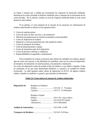 76
La Figura 2 muestra que a medida que incrementan las exigencias de protección ambiental,
disminuyen los costos asociados al deterioro ambiental, pero a expensas de un incremento de los
costos privados. Por lo anterior, existiría un nivel de exigencia ambiental donde el costo social
alcanza un valor mínimo.
En la práctica, el valor potencial de la mayoría de los proyectos de minimización de
residuos están basados en ahorros en las siguientes áreas:
• Costos de materias primas
• Costos de mano de obra, servicios, y de mantención
• Obtención de ganancias por la creación de productos comercializables
• Costos de disposición de residuos
• Impuestos o costos por generación por cada unidad de residuo
• Costos de transporte de residuos
• Costo de almacenamiento y manejo
• Costos de tratamiento antes de la disposición
• Costos de permisos, informes y estadísticas
• Responsabilidades en seguridad y contaminación
Para el propósito de evaluar un proyecto para reducir las cantidades de residuos, algunos
tipos de costos son mayores y más fácilmente de cuantificar: estos son los costos de disposición,
de transporte, de tratamiento, de materias primas y de operación y mantención.
Los costos de disposición varían de acuerdo al tipo de residuos; si son sólidos o líquidos, el tipo
de contenedor en los que están almacenados (tambores o a granel) y la cantidad de residuo
involucrado. La tabla siguiente indica valores de disposición en EE.UU. de algunos residuos
sólidos y líquidos en tambores o a granel y para desechos de laboratorios.
Tabla 2.4. Costos típicos de manejo de residuos industriales
Disposición de: Residuos en Tambores
Sólidos.................................. US $ 50 - $ 75/tambor
Líquidos................................ US $ 75 - $ 160/tambor
Residuos a Granel
Sólidos.................................. US $ 150 - metro cúbico
Líquidos................................ US $ 0.95-$2.5/galón
Laboratorios......................... US $ 100/tambor
Análisis de Laboratorio:....................................... US $ 200 - $ 300
Transporte de Residuos:....................................... US $ 65- $ 85/hora
 