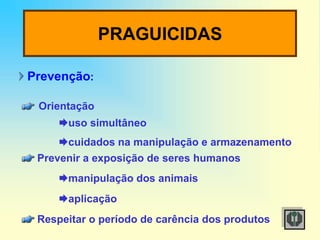 PRAGUICIDAS
Prevenção:
Orientação
uso simultâneo
cuidados na manipulação e armazenamento
Prevenir a exposição de seres humanos
manipulação dos animais
aplicação
Respeitar o período de carência dos produtos
 