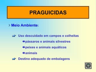 PRAGUICIDAS
Meio Ambiente:
Uso descuidado em campos e colheitas
pássaros e animais silvestres
peixes e animais aquáticos
animais
Destino adequado de embalagens
 