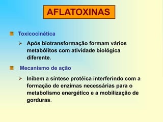 AFLATOXINAS
Toxicocinética
 Após biotransformação formam vários
metabólitos com atividade biológica
diferente.
Mecanismo de ação
 Inibem a síntese protéica interferindo com a
formação de enzimas necessárias para o
metabolismo energético e a mobilização de
gorduras.
 