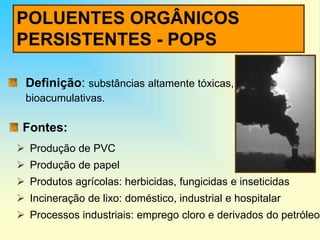 POLUENTES ORGÂNICOS
PERSISTENTES - POPS
Definição: substâncias altamente tóxicas,
bioacumulativas.
Fontes:
 Produção de PVC
 Produção de papel
 Produtos agrícolas: herbicidas, fungicidas e inseticidas
 Incineração de lixo: doméstico, industrial e hospitalar
 Processos industriais: emprego cloro e derivados do petróleo
 