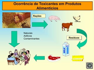 Ocorrência de Toxicantes em Produtos
Alimentícios
Resíduos
Rações
Naturais
Aditivos
Contaminantes
 