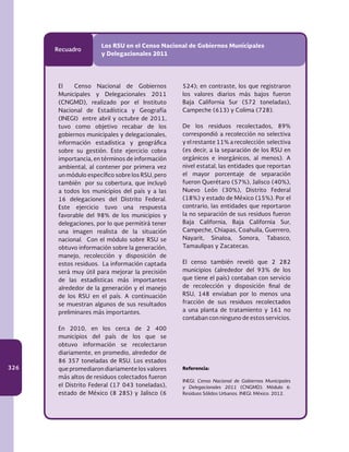 326
Recuadro
Los RSU en el Censo Nacional de Gobiernos Municipales
y Delegacionales 2011
El Censo Nacional de Gobiernos
Municipales y Delegacionales 2011
(CNGMD), realizado por el Instituto
Nacional de Estadística y Geografía
(INEGI) entre abril y octubre de 2011,
tuvo como objetivo recabar de los
gobiernos municipales y delegacionales,
información estadística y geográfica
sobre su gestión. Este ejercicio cobra
importancia, en términos de información
ambiental, al contener por primera vez
un módulo específico sobre los RSU, pero
también por su cobertura, que incluyó
a todos los municipios del país y a las
16 delegaciones del Distrito Federal.
Este ejercicio tuvo una respuesta
favorable del 98% de los municipios y
delegaciones, por lo que permitirá tener
una imagen realista de la situación
nacional. Con el módulo sobre RSU se
obtuvo información sobre la generación,
manejo, recolección y disposición de
estos residuos. La información captada
será muy útil para mejorar la precisión
de las estadísticas más importantes
alrededor de la generación y el manejo
de los RSU en el país. A continuación
se muestran algunos de sus resultados
preliminares más importantes.
En 2010, en los cerca de 2 400
municipios del país de los que se
obtuvo información se recolectaron
diariamente, en promedio, alrededor de
86 357 toneladas de RSU. Los estados
que promediaron diariamente los valores
más altos de residuos colectados fueron
el Distrito Federal (17 043 toneladas),
estado de México (8 285) y Jalisco (6
524); en contraste, los que registraron
los valores diarios más bajos fueron
Baja California Sur (572 toneladas),
Campeche (613) y Colima (728).
De los residuos recolectados, 89%
correspondió a recolección no selectiva
y el restante 11% a recolección selectiva
(es decir, a la separación de los RSU en
orgánicos e inorgánicos, al menos). A
nivel estatal, las entidades que reportan
el mayor porcentaje de separación
fueron Querétaro (57%), Jalisco (40%),
Nuevo León (30%), Distrito Federal
(18%) y estado de México (15%). Por el
contrario, las entidades que reportaron
la no separación de sus residuos fueron
Baja California, Baja California Sur,
Campeche, Chiapas, Coahuila, Guerrero,
Nayarit, Sinaloa, Sonora, Tabasco,
Tamaulipas y Zacatecas.
El censo también reveló que 2 282
municipios (alrededor del 93% de los
que tiene el país) contaban con servicio
de recolección y disposición final de
RSU, 148 enviaban por lo menos una
fracción de sus residuos recolectados
a una planta de tratamiento y 161 no
contaban con ninguno de estos servicios.
Referencia:
INEGI. Censo Nacional de Gobiernos Municipales
y Delegacionales 2011 (CNGMD). Módulo 6:
Residuos Sólidos Urbanos. INEGI. México. 2012.
 