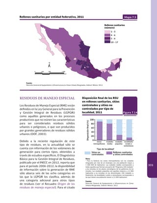 331
Rellenos sanitarios por entidad federativa, 2011 Mapa 7.5
Fuente:
Dirección General de Equipamiento e Infraestructura en Zonas Urbano-Marginadas, Sedesol. México. 2012.
1 - 3
4 - 6
7 - 9
10 - 17
Rellenos sanitarios
(número)
Figura 7.14
Nota:
1
Para la Sedesol, las zonas metropolitanas son las ciudades
integradas por más de un municipio con una población mayor a
1 000 000 de habitantes. Las ciudades medias corresponden a
todas aquellas que forman una parte del “Programa 100 ciudades”
y las incluidas en los planes estratégicos de los gobiernos de los
estados. Las ciudades pequeñas son aquellas mayores a 15 000
habitantes y no incluidas en las denominadas 100 ciudades y,
finalmente, las localidades rurales o semiurbanas corresponden a
las que tienen una población menor a 15 000 habitantes.
Fuente:
Dirección General de Equipamiento e Infraestructura en Zonas
Urbano-Marginadas, Sedesol. México. 2012.
Tipo de localidad1
Sitios no
controlados
Rellenos sanitarios
y sitios controlados
RESIDUOS DE MANEJO ESPECIAL
Los Residuos de Manejo Especial (RME) están
definidos en la Ley General para la Prevención
y Gestión Integral de Residuos (LGPGIR)
como aquéllos generados en los procesos
productivos que no reúnen las características
para ser considerados residuos sólidos
urbanos o peligrosos, o que son producidos
por grandes generadores de residuos sólidos
urbanos (DOF, 2003).
Debido a la reciente regulación de este
tipo de residuos, en la actualidad sólo se
cuenta con información de los volúmenes de
generación para ciertos tipos, obtenidos a
través de estudios específicos. El Diagnóstico
Básico para la Gestión Integral de Residuos,
publicado por el INECC en 2012, reporta que
para el periodo 2006-2012, la disponibilidad
de información sobre la generación de RME
sólo abarca seis de las ocho categorías en
las que la LGPGIR los clasifica, además de
una categoría adicional para otros tipos
de residuos (ver el Recuadro Origen de los
residuos de manejo especial). Para el citado
100
80
60
40
20
0
Disposiciónfinal(%)
Zonas
metropolitanas
Ciudades
medias
Ciudades
pequeñas
Localidades
rurales o
semiurbanas
Disposición final de los RSU
en rellenos sanitarios, sitios
controlados y sitios no
controlados por tipo de
localidad, 2011
km
0 250 500 1 000
 