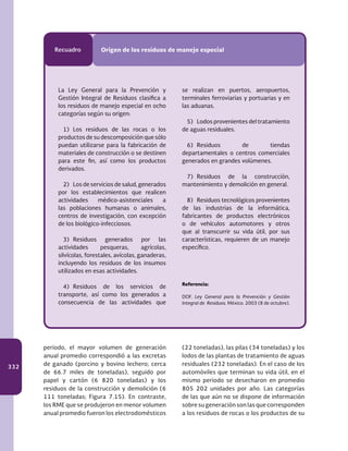 332
Recuadro Origen de los residuos de manejo especial
La Ley General para la Prevención y
Gestión Integral de Residuos clasifica a
los residuos de manejo especial en ocho
categorías según su origen:
	 1) Los residuos de las rocas o los
productos de su descomposición que sólo
puedan utilizarse para la fabricación de
materiales de construcción o se destinen
para este fin, así como los productos
derivados.
	 2)	 Los de servicios de salud, generados
por los establecimientos que realicen
actividades médico-asistenciales a
las poblaciones humanas o animales,
centros de investigación, con excepción
de los biológico-infecciosos.
	3)	Residuos generados por las
actividades pesqueras, agrícolas,
silvícolas, forestales, avícolas, ganaderas,
incluyendo los residuos de los insumos
utilizados en esas actividades.
	4)	Residuos de los servicios de
transporte, así como los generados a
consecuencia de las actividades que
se realizan en puertos, aeropuertos,
terminales ferroviarias y portuarias y en
las aduanas.
	 5)	 Lodos provenientes del tratamiento
de aguas residuales.
	6)	Residuos de tiendas
departamentales o centros comerciales
generados en grandes volúmenes.
	7)	Residuos de la construcción,
mantenimiento y demolición en general.
	 8)	 Residuos tecnológicos provenientes
de las industrias de la informática,
fabricantes de productos electrónicos
o de vehículos automotores y otros
que al transcurrir su vida útil, por sus
características, requieren de un manejo
específico.
Referencia:
DOF. Ley General para la Prevención y Gestión
Integral de Residuos. México. 2003 (8 de octubre).
periodo, el mayor volumen de generación
anual promedio correspondió a las excretas
de ganado (porcino y bovino lechero; cerca
de 66.7 miles de toneladas), seguido por
papel y cartón (6 820 toneladas) y los
residuos de la construcción y demolición (6
111 toneladas; Figura 7.15). En contraste,
los RME que se produjeron en menor volumen
anual promedio fueron los electrodomésticos
(22 toneladas), las pilas (34 toneladas) y los
lodos de las plantas de tratamiento de aguas
residuales (232 toneladas). En el caso de los
automóviles que terminan su vida útil, en el
mismo periodo se desecharon en promedio
805 202 unidades por año. Las categorías
de las que aún no se dispone de información
sobre su generación son las que corresponden
a los residuos de rocas o los productos de su
 
