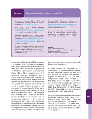341
Recuadro Las sustancias químicas en números (conclusión)
Environment Canada. 2012. CEPA DSL
Categorization: Overview and Results. Canadá.
Disponible en: www.ec.gc.ca/lcpe-cepa.
EPA. 2012. TSCA Chemical Substance
Inventory. Disponible en: www.epa.gov/oppt/
existingchemicals/pubs/tscainventory/index.
html. Fecha de consulta: julio de 2012.
European Chemicals Agency (ECHA). 2012.
Substances of Very High Concern identification.
Disponible en: http://echa.europa.eu/addressing-
chemicals-of-concern/authorisation/substances-
of-very-high-concern-identification. Fecha de
consulta: julio de 2012.
PNUMA. El futuro que queremos. Conferencia de
las Naciones Unidas para el Desarrollo Sostenible.
Río de Janeiro. Documento A/CONF.216/L.1.
Programa de las Naciones Unidas para el Medio
Ambiente. Brasil. 2012.
Semarnat. 2012. Registro de Emisiones y
Transferencia de Contaminantes. Disponible en:
www.semarnat.gob.mx/temas/gestionambiental/
calidaddelaire/Paginas/retc.aspx. Fecha de
consulta: septiembre de 2012.
Yarto-Ramírez M., Ize-Lema I., Gavilán-García
A. 2003. El universo de las sustancias química
peligrosas y su regulación para un manejo
adecuado. INE-Gaceta Ecológica 69: 57-66. 2003.
Autoras:
Leonor Cedillo y Teresita Romero
Dirección de Investigación sobre Sustancias Químicas y
Riesgos Ecotoxicológicos.
Instituto Nacional de Ecología, Semarnat.
ese periodo, debido a que el PGRP no incluye
a la totalidad de las empresas que producen
estos residuos en el territorio. Las diferencias
entre esta última estimación de generación
de RP con las reportadas en años anteriores
(Tabla 7.1), se deben principalmente a: 1) el
número de empresas y delegaciones que se
usaron para calcular el volumen generado; 2)
la depuración del padrón y la revisión de los
reportes de generación de las delegaciones
que permitieron eliminar las duplicidades
en las empresas, así como a los errores de
estimación de generación de los RP por parte
de los generadores; y 3) la modificación de la
NOM-052-SEMARNAT-1993 (actualmente
NOM-052-SEMARNAT-2005) que establece
las características de los residuos para ser
considerados peligrosos, y de la cual se
eliminaron los jales mineros y los recortes de
perforación de la industria petrolera, los cuales
constituían una importante fracción del total
de RP generados reportados en estimaciones
anteriores (Semarnat, 2009; ver el Recuadro
Jales mineros y recortes de perforación en la
Edición 2008 del Informe).
El mayor volumen de generación de RP
correspondió a la Zona Metropolitana del Valle
de México (ZMVM; 584 666, es decir, poco
más del 30% del volumen total generado),
seguido por Chihuahua (342 650, 18%),
Campeche (210 037, 11%), Tamaulipas (146
993, 8%) y Nuevo León (128 849, 7%; Mapa
7.6). En contraste, los estados que reportaron
menores volúmenes de RP fueron Nayarit (1
190), Baja California Sur (1 414), Chiapas
(1 555) y Tlaxcala (1 586), que en conjunto
aportaron el 0.3% del total nacional.
Las industrias generadoras de RP que mayores
volúmenes generaron entre 2004 y 2011
fueron la química (201 782 t; 10.5% del
total de RP generados), metalúrgica (186
393 t; 9.7%), automotriz (170 194 t; 8.9%),
servicios mercantiles (111 907 t; 5.8%) y la
de equipos y artículos electrónicos (85 283 t;
4.4%; Figura 7.16).
 