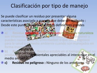 Residuos hospitalarios: A nivel de hospital los residuos son generalmente esterilizados.   La composición de los residuos hospitalarios varia desde el residuo tipo residencial y comercial a residuos de tipo medico conteniendo substancias peligrosas.