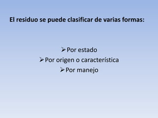 El residuo se puede clasificar de varias formas:Por estado 