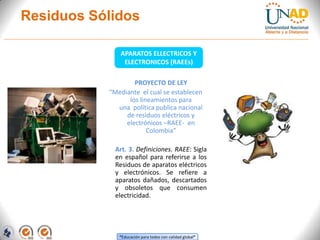 	PROYECTO DE LEY“Mediante  el cual se establecen los lineamientos para una  política publica nacional de residuos eléctricos y electrónicos –RAEE-  en Colombia”	Art. 3. Definiciones. RAEE: Sigla en español para referirse a los Residuos de aparatos eléctricos y electrónicos. Se refiere a aparatos dañados, descartados y obsoletos que consumen electricidad.Residuos SólidosAPARATOS ELLECTRICOS Y ELECTRONICOS (RAEEs)
