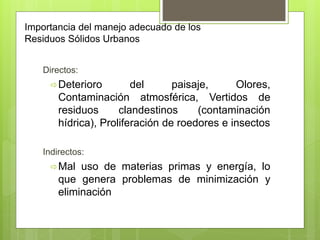 Importancia del manejo adecuado de los
Residuos Sólidos Urbanos
Directos:
Deterioro del paisaje, Olores,
Contaminación atmosférica, Vertidos de
residuos clandestinos (contaminación
hídrica), Proliferación de roedores e insectos
Indirectos:
Mal uso de materias primas y energía, lo
que genera problemas de minimización y
eliminación
 