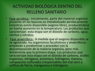 ACTIVIDAD BIOLÓGICA DENTRO DEL RELLENO SANITARIO   Fase aeróbica  : Inicialmente, parte del material orgánico presente en las basuras es metabolizado aeróbicamente (mientras exista disponible oxigeno libre), produciéndose un fuerte aumento en la temperatura. Los productos que caracterizan  esta etapa son el dióxido de carbono, agua, nitritos y nitratos. Fase anaeróbica  : A medida que el oxigeno disponible se va agotando, los organismos facultativos y anaeróbicos empiezan a predominar y proceden con la descomposición de la materia orgánica, pero más lentamente que la primera etapa. Los productos que caracterizan esta etapa son el dióxido de carbono, ácidos orgánicos, nitrógeno, amoniaco, hidrógeno, metano, compuestos sulfurados (responsables del mal olor) y sulfitos de fierro, manganeso e hidrógeno. 