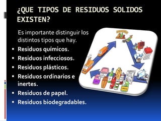 ¿QUE TIPOS DE RESIDUOS SOLIDOS EXISTEN?     Es importante distinguir los distintos tipos que hay.Residuos químicos.Residuos infecciosos.Residuos plásticos.Residuos ordinarios e inertes.Residuos de papel.Residuos biodegradables.