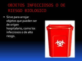 OBJETOS INFECCIOSOS O DE RIESGO BIOLOGICO Sirve para arrojar objetos que pueden ser de origen hospitalario, como los infecciosos o de alto riesgo.