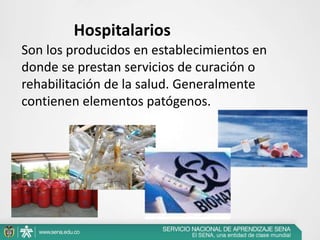 Hospitalarios
Son los producidos en establecimientos en
donde se prestan servicios de curación o
rehabilitación de la salud. Generalmente
contienen elementos patógenos.
 