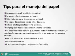 No malgastes papel, reutilizalo al máximo.
Usa siempre las dos caras de las hojas.
Utiliza hojas de reuso (impresas por un lado).
Usa trapos de cocina en vez de rollos de papel.
Rechaza folletos gratuitos que no utilizarás.
Compra productos que estén mínimamente envueltos.
Usa papel Reciclado siempre que puedas. (Esto aumentará su demanda, y
contribuirá a su mayor producción y con ello la preservación de recursos
naturales).
Planta un árbol o una planta donde se pueda.
Cuida las áreas verdes.
¡Si imprimes esta página, comparte la información!
Tips para el manejo del papel
 