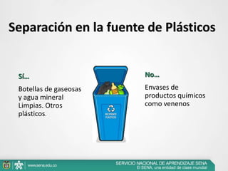 Separación en la fuente de Plásticos
Sí…
Botellas de gaseosas
y agua mineral
Limpias. Otros
plásticos.
No…
Envases de
productos químicos
como venenos
 