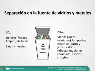 Separación en la fuente de vidrios y metales
Sí…
Botellas, frascos
limpios, sin tapas.
Latas y metales.
No…
Vidrios planos
(ventanas), lamparitas
eléctricas, vasos y
jarras, vidrios
refractarios, vidrios
cerámicos, espejos,
cristales.
Metales
 