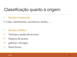 Classificação quanto à origem:
 Resíduo Comercial:
 Lojas, lanchonetes, escritórios, hotéis, ...
 Resíduo Público
 Varrição e podas de árvores,
 limpeza de praias,
 galerias, córregos,
 feiras livres...
24/02/2017 13
 