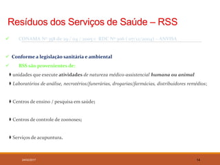 Resíduos dos Serviços de Saúde – RSS
 CONAMA No 358 de 29 / 04 / 2005 e RDC No 306 ( 07/12/2004) – ANVISA
 Conforme a legislação sanitária e ambiental
 RSS são provenientes de:
 unidades que execute atividades de natureza médico-assistencial humana ou animal
 Laboratórios de análise, necrotérios/funerárias, drogarias/farmácias, distribuidores remédios;
 Centros de ensino / pesquisa em saúde;
 Centros de controle de zoonoses;
 Serviços de acupuntura.
24/02/2017 14
 