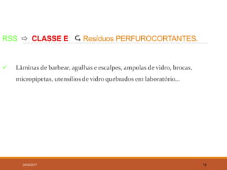 RSS  CLASSE E:  Resíduos PERFUROCORTANTES.
 Lâminas de barbear, agulhas e escalpes, ampolas de vidro, brocas,
micropipetas, utensílios de vidro quebrados em laboratório...
24/02/2017 19
 