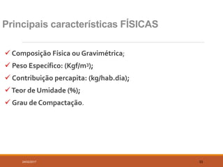 Principais características FÍSICAS
 Composição Física ou Gravimétrica;
 Peso Específico: (Kgf/m3);
 Contribuição percapita: (kg/hab.dia);
Teor de Umidade (%);
 Grau de Compactação.
24/02/2017 33
 