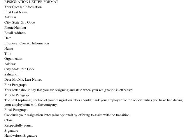 resignations letter format