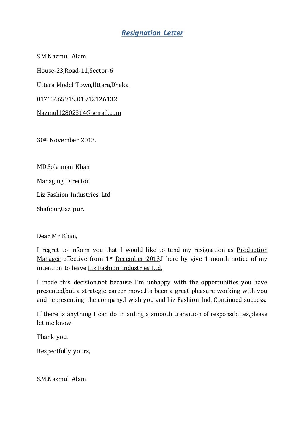 Resignation letter Resignation letter